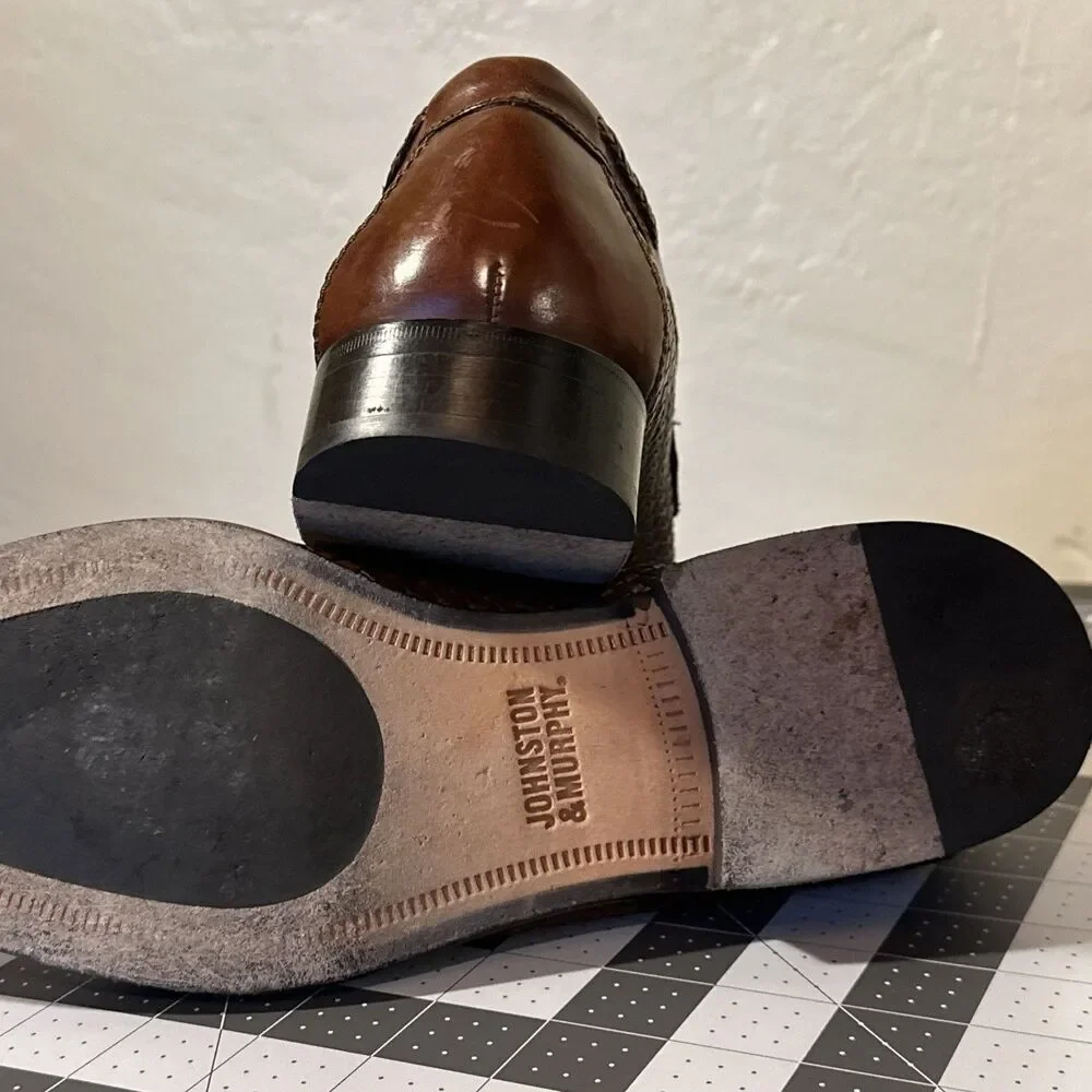 8 M Woven Leather Tassel Loafers J&M Johnston Murphy Dress Shoes Cognac Brown